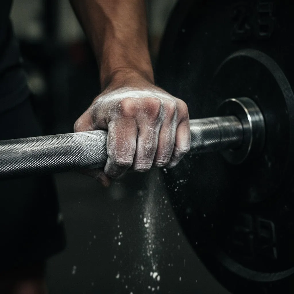 Chalked hand gripping a barbell